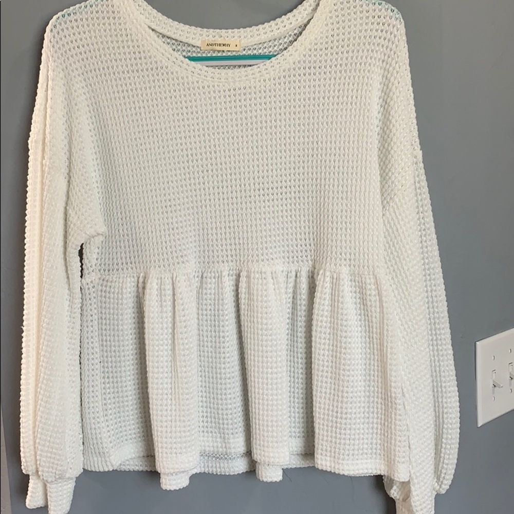Waffle knit baby doll top with bell sleeves